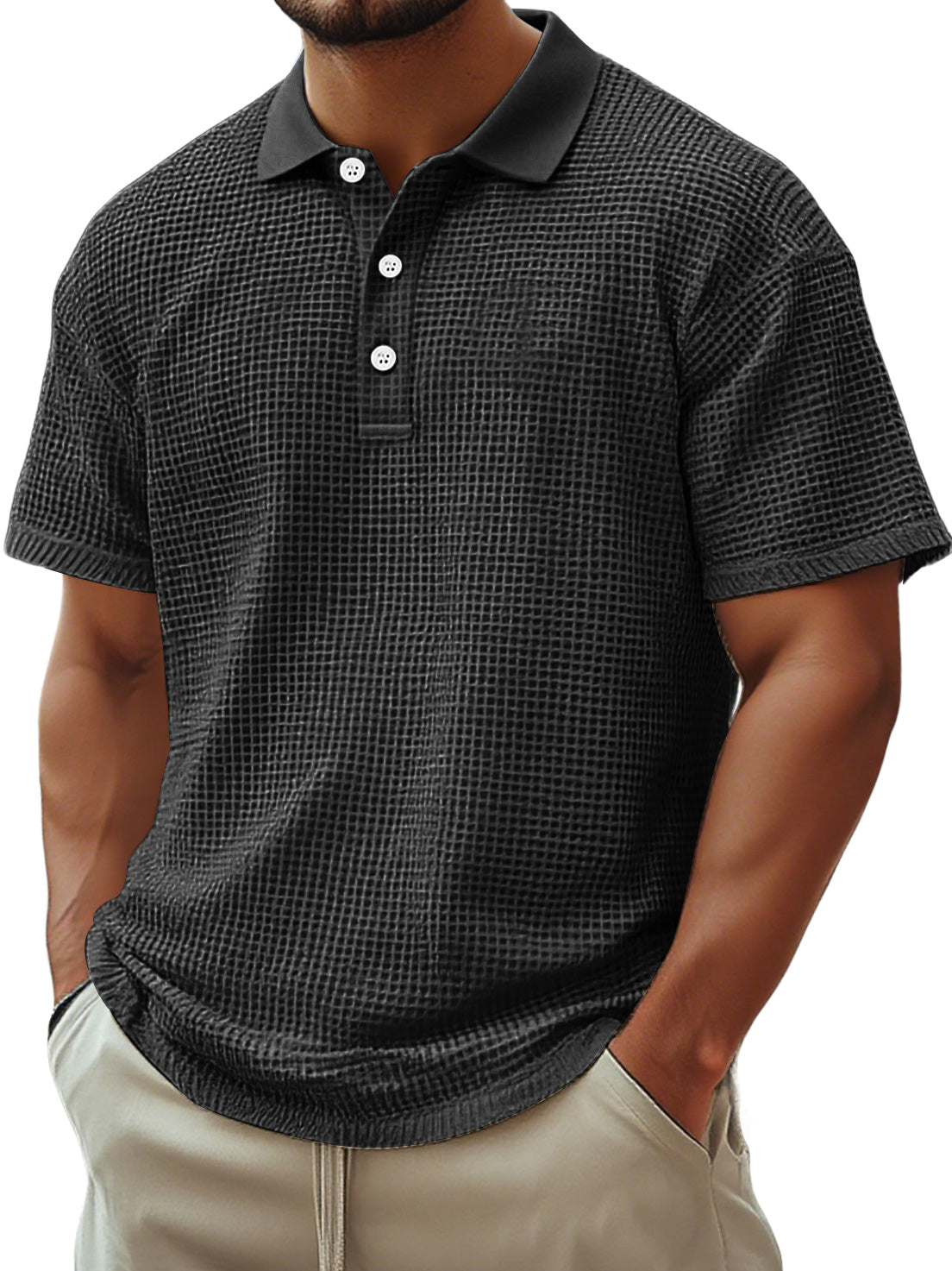 Men's Everyday Waffle Casual Lapel Button Down Comfortable Short-sleeved Polo Shirt
