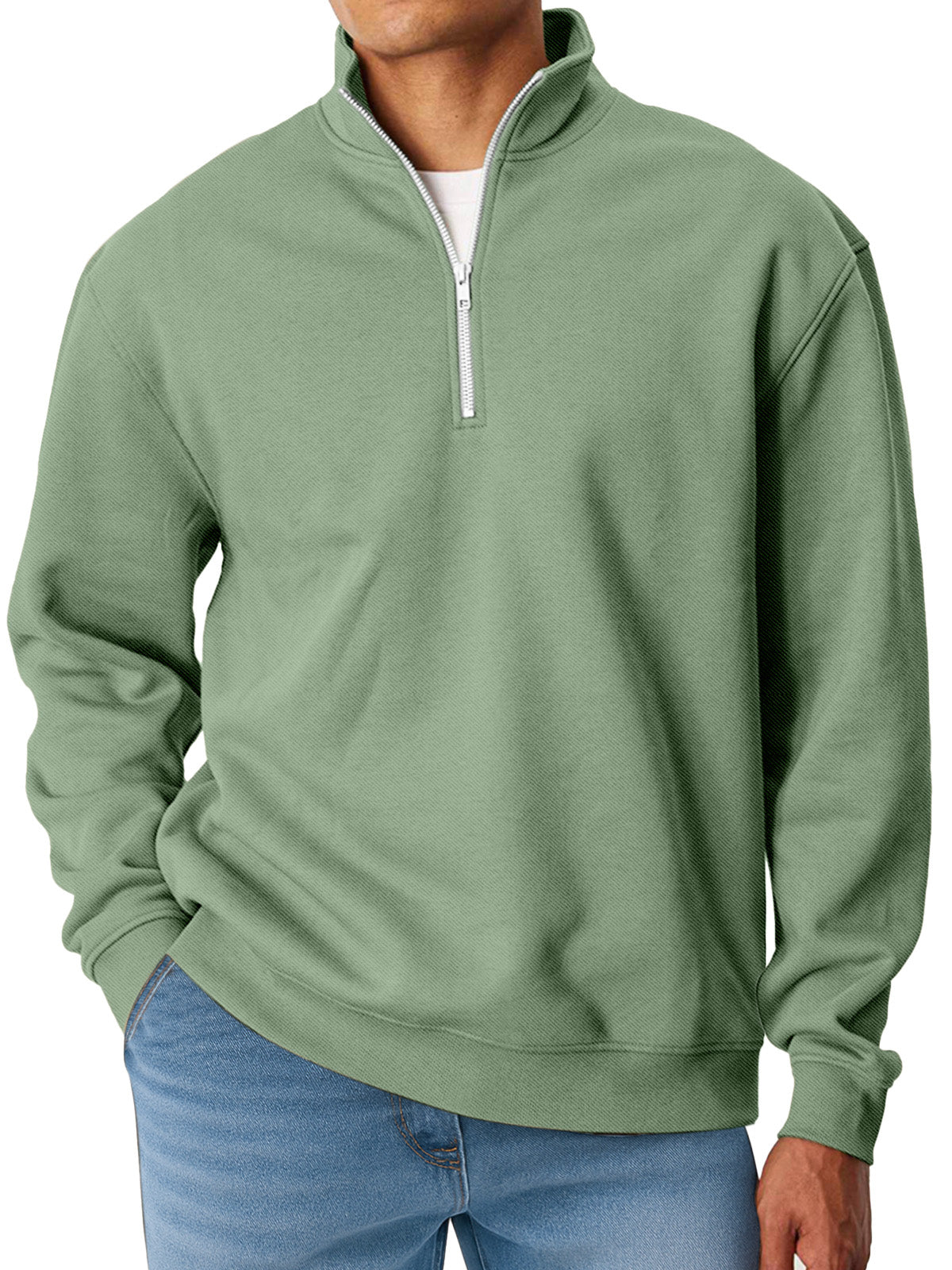 Men's Simple Solid Color Loose Stand Collar Zipper Long Sleeve Sweatshirt