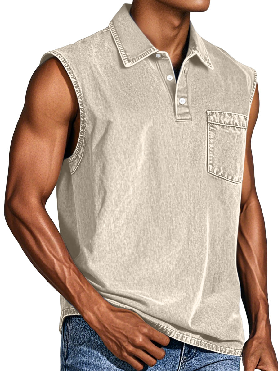 Men's Retro Casual Pocket Button Sleeveless Lapel POLO Shirt