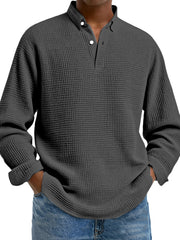 Men's Simple Solid Color Waffle Lapel Long Sleeve Polo Shirt