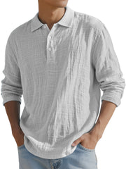 Men's Simple Solid Color Breathable Linen Long-sleeved Polo Shirt