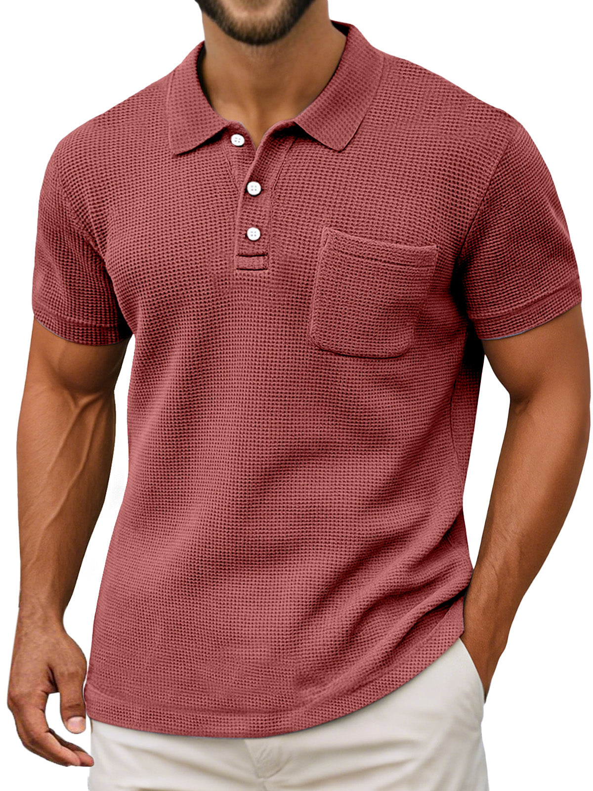 Men's Casual Vintage Waffle Pocket Lapel Button Down Short Sleeve Polo Shirt