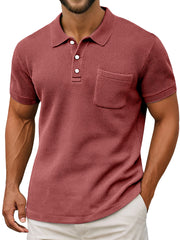 Men's Casual Vintage Waffle Pocket Lapel Button Down Short Sleeve Polo Shirt