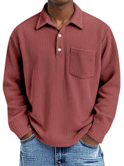 Men's Simple Solid Color Pit Lapel Button Long Sleeve POLO Shirt
