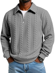 Men's Casual Solid Color Twist Texture Loose Long-sleeved Lapel Zipper Polo Shirt