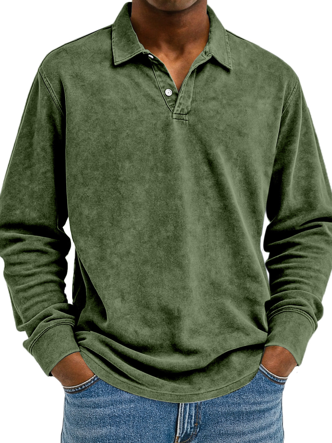 Men's Retro Solid Color Comfortable Loose Long Sleeve Polo Shirt