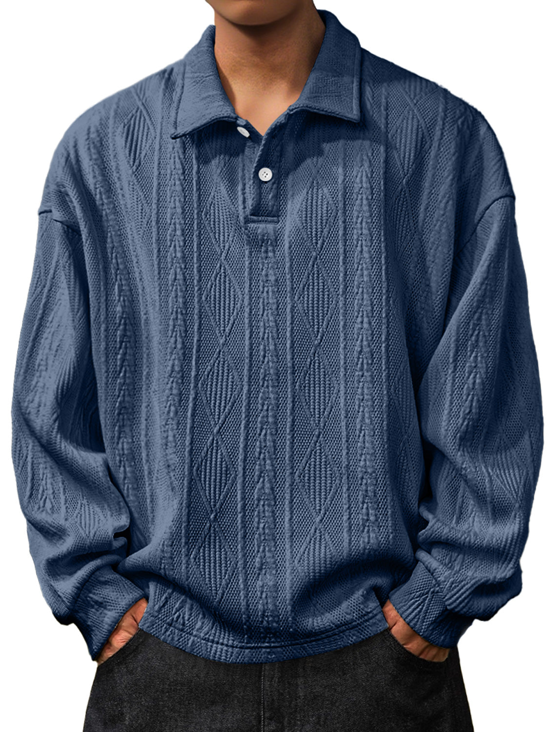 Men's Daily Jacquard Texture Lapel Button Long Sleeved Polo Shirt