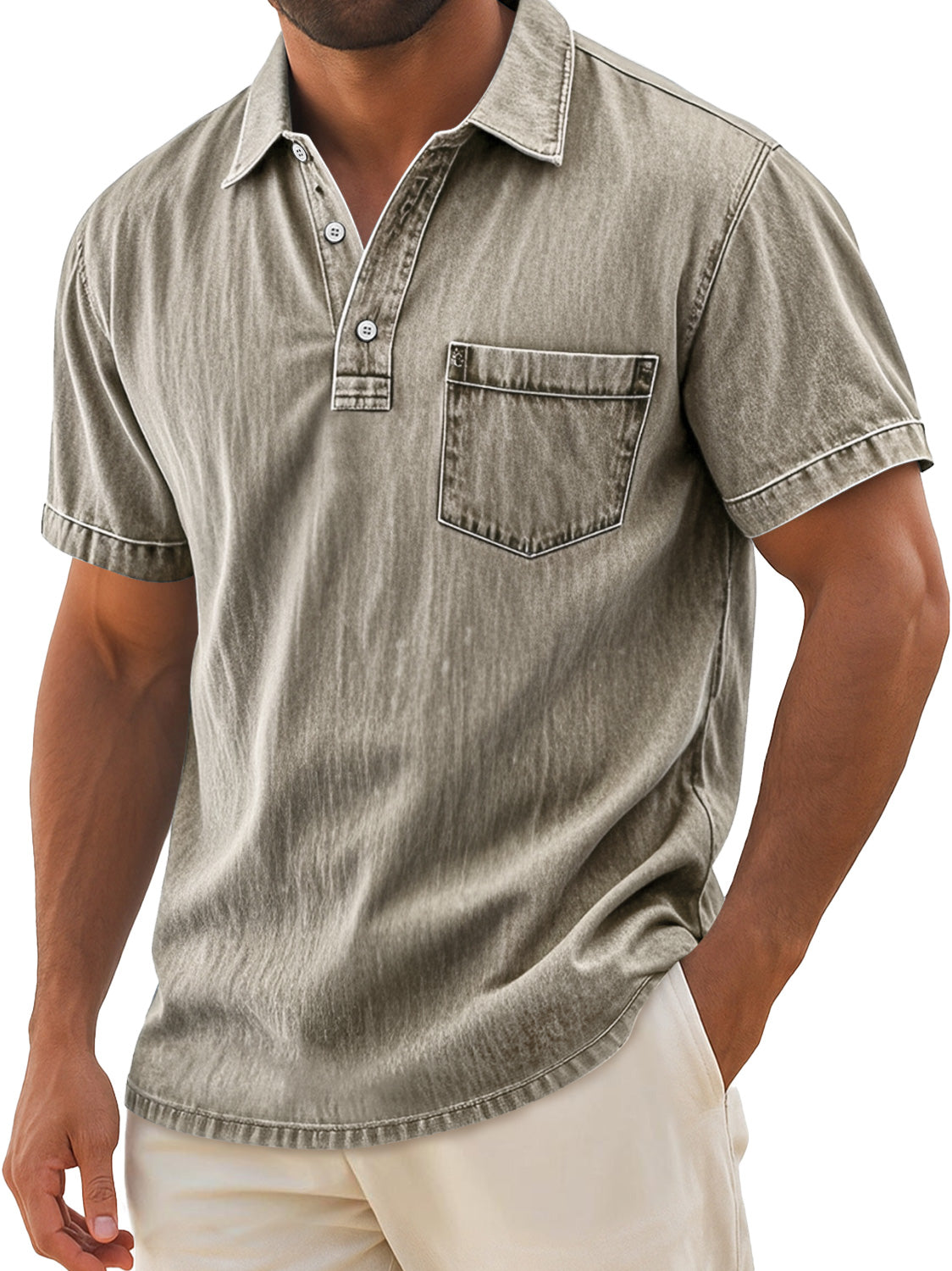 Men's Retro Casual Lapel Pocket Solid Color Short Sleeve Polo Shirt