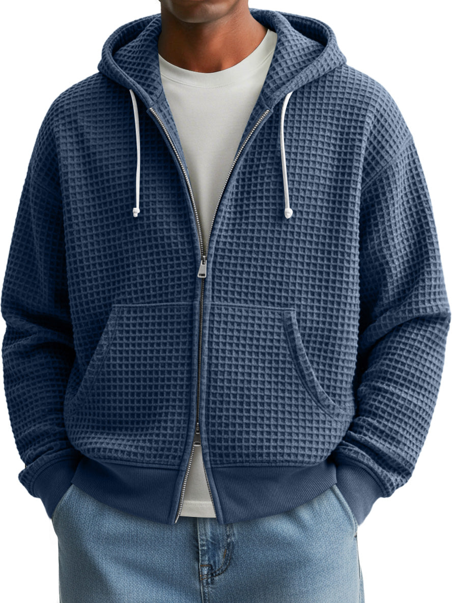 Men's Fashion Waffle Texture Casual Loose Hooded Zipper Jacket