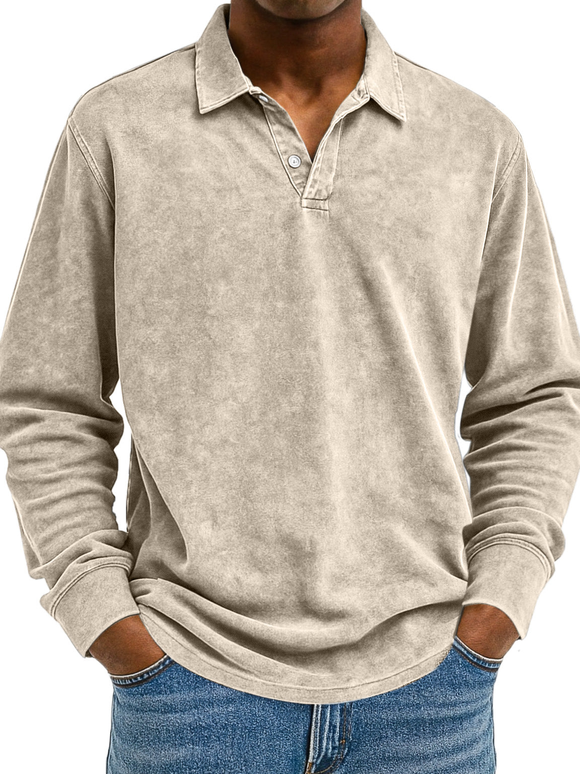 Men's Retro Solid Color Comfortable Loose Long Sleeve Polo Shirt