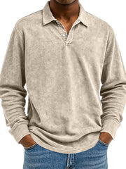 Men's Retro Solid Color Comfortable Loose Long Sleeve Polo Shirt