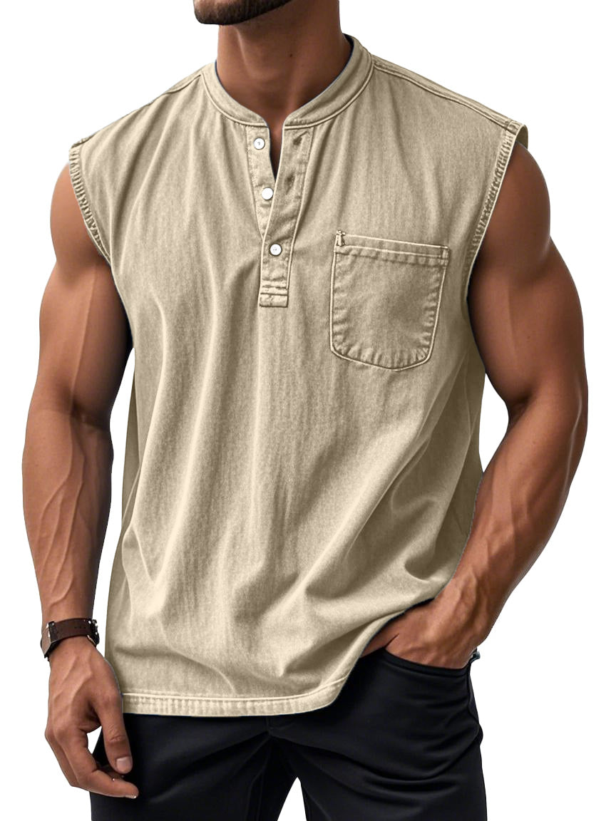 Men's Retro Solid Color Simple Sleeveless Henley Shirt