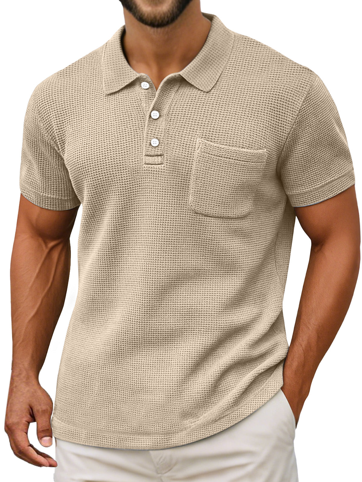 Men's Casual Vintage Waffle Pocket Lapel Button Down Short Sleeve Polo Shirt