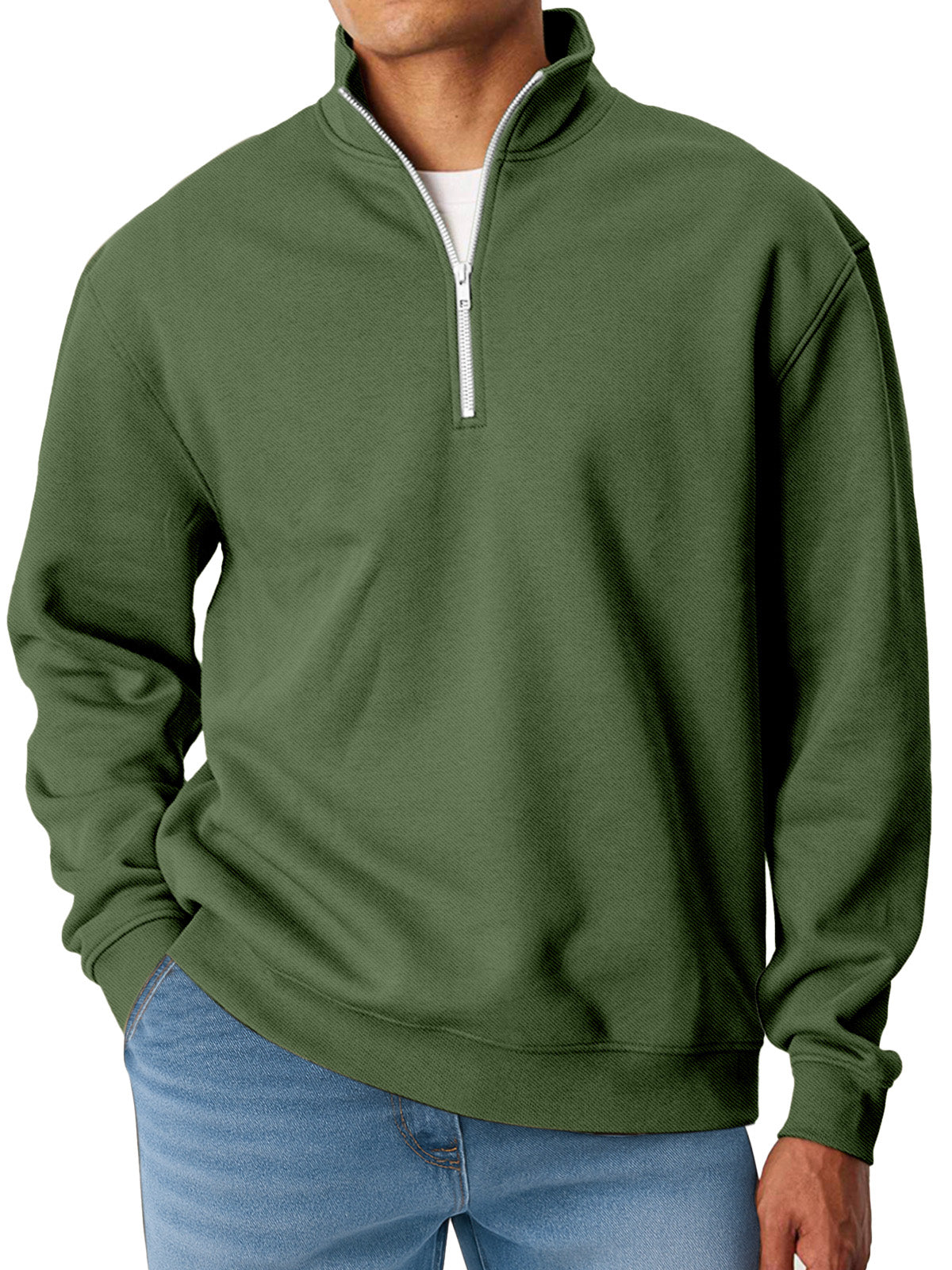 Men's Simple Solid Color Loose Stand Collar Zipper Long Sleeve Sweatshirt