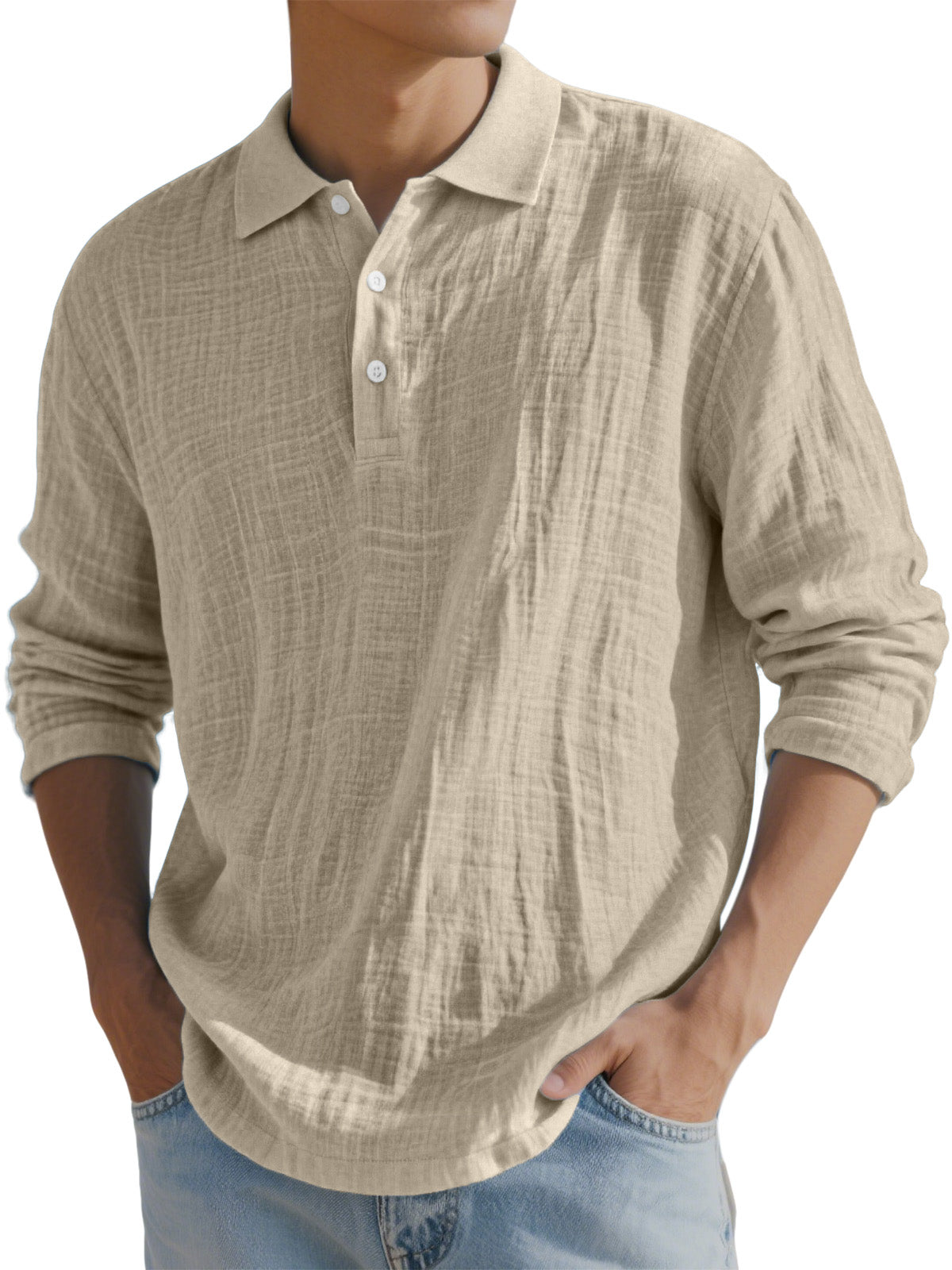 Men's Simple Solid Color Breathable Linen Long-sleeved Polo Shirt