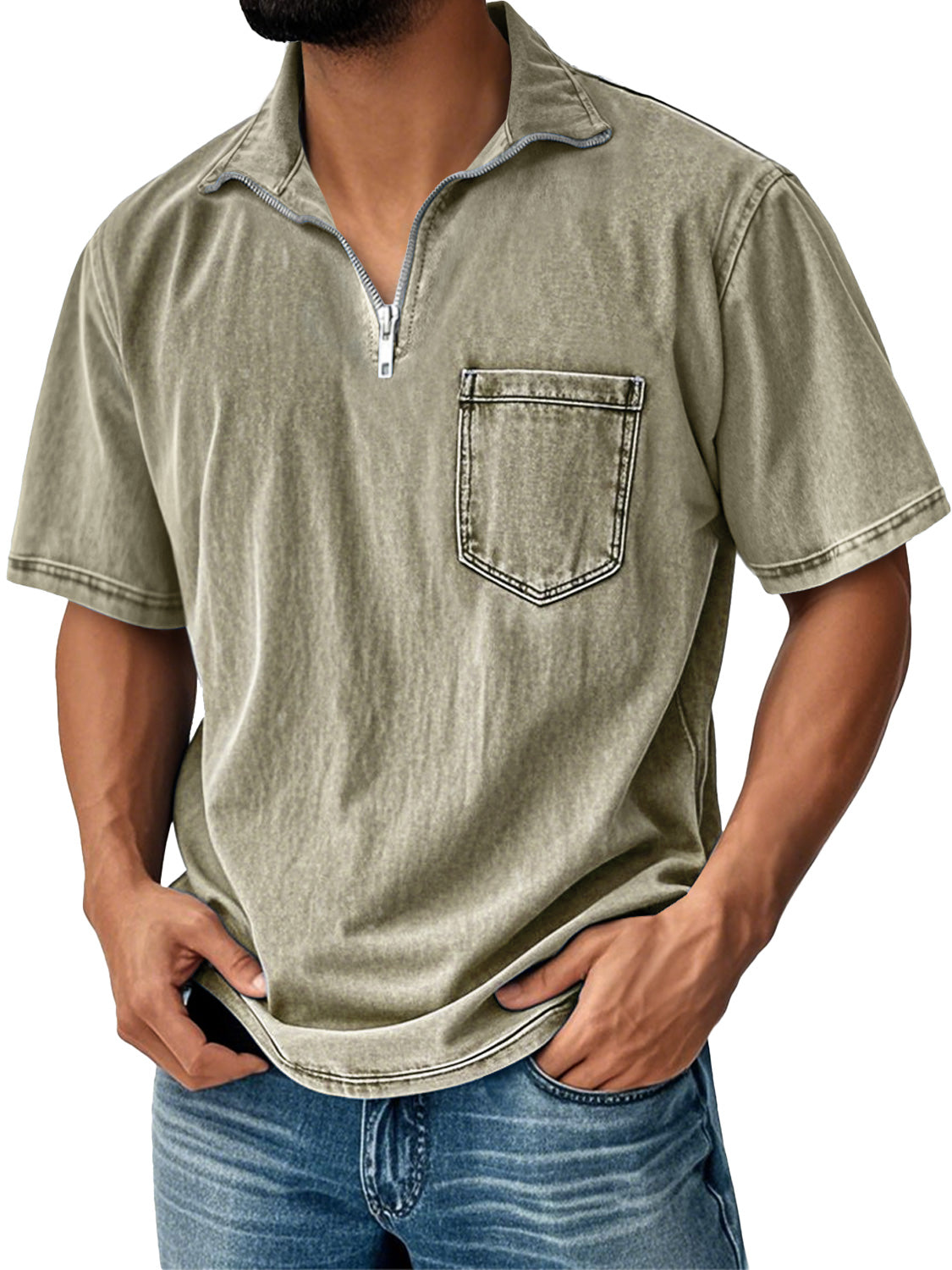 Men's Retro Daily Stand Collar Zipper Pocket Casual Short Sleeve T-shirt