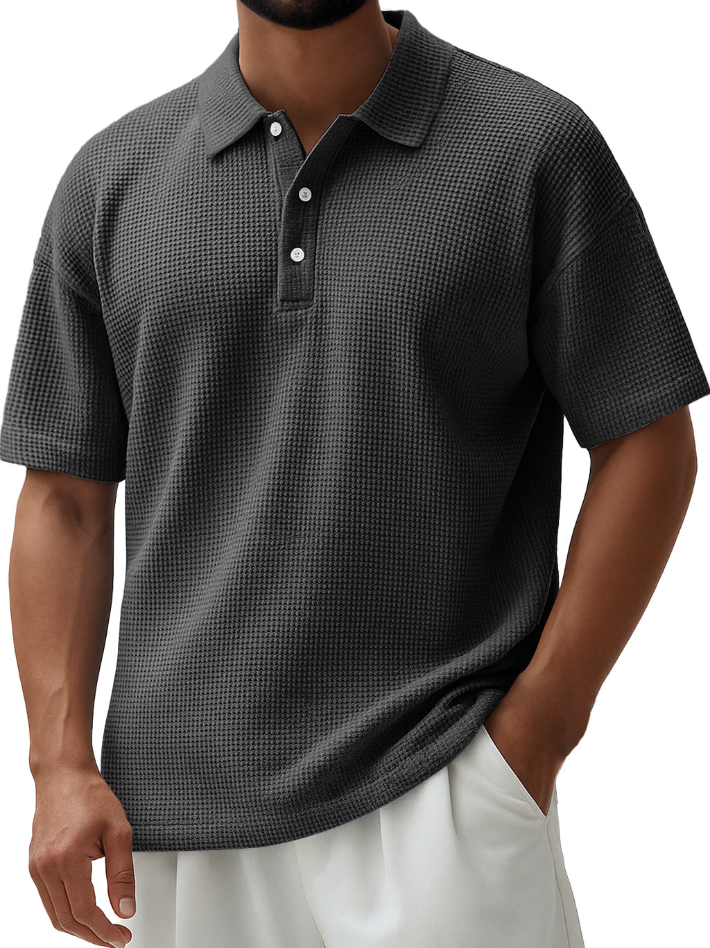 Men's Everyday Waffle Lapel Button Down Casual Short Sleeve Polo Shirt