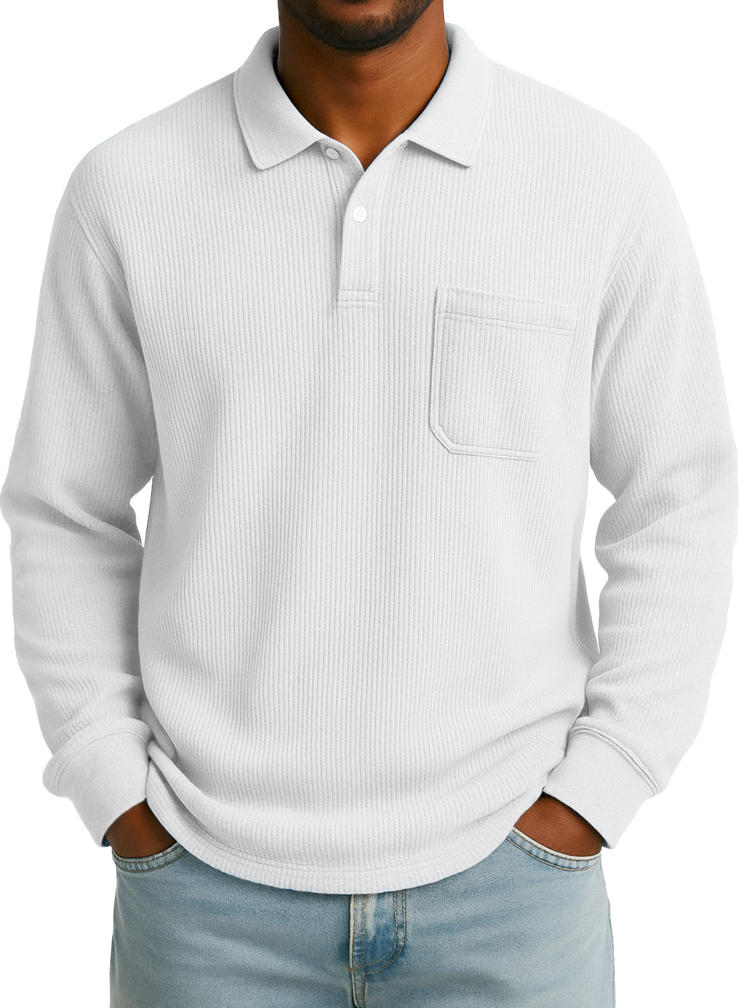Men's Stylish Everyday Casual Corduroy Fabric Pocket Lapel Long-sleeved Polo Shirt 