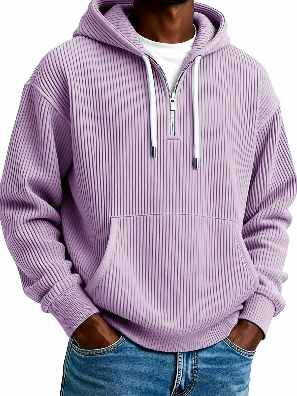 Men's Stylish Casual Ribbed Fabric Half-zip Pocket Hooded Sweatshirt