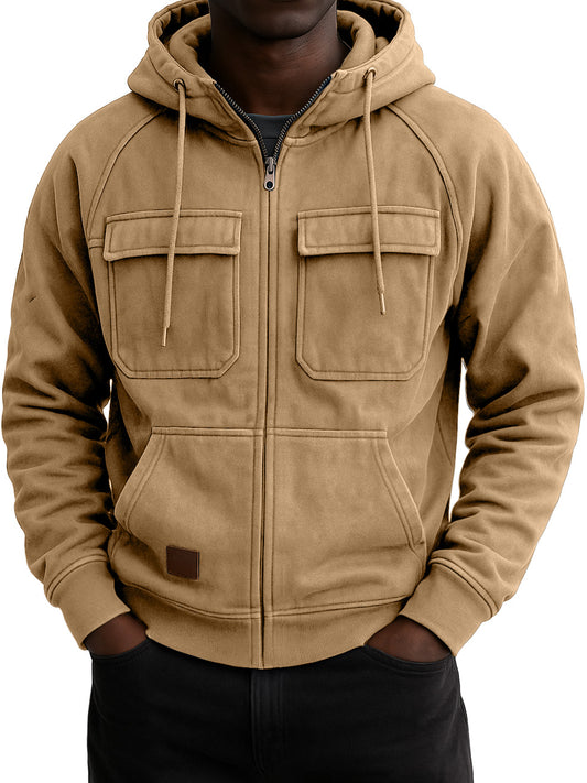 Men's Vintage Workwear Multi-pocket Zip Hooded Sweatshirt