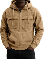 Men's Vintage Workwear Multi-pocket Zip Hooded Sweatshirt