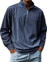 Men's Vintage Distressed Stand-up Collar Zipper Casual Long-sleeved T-shirt