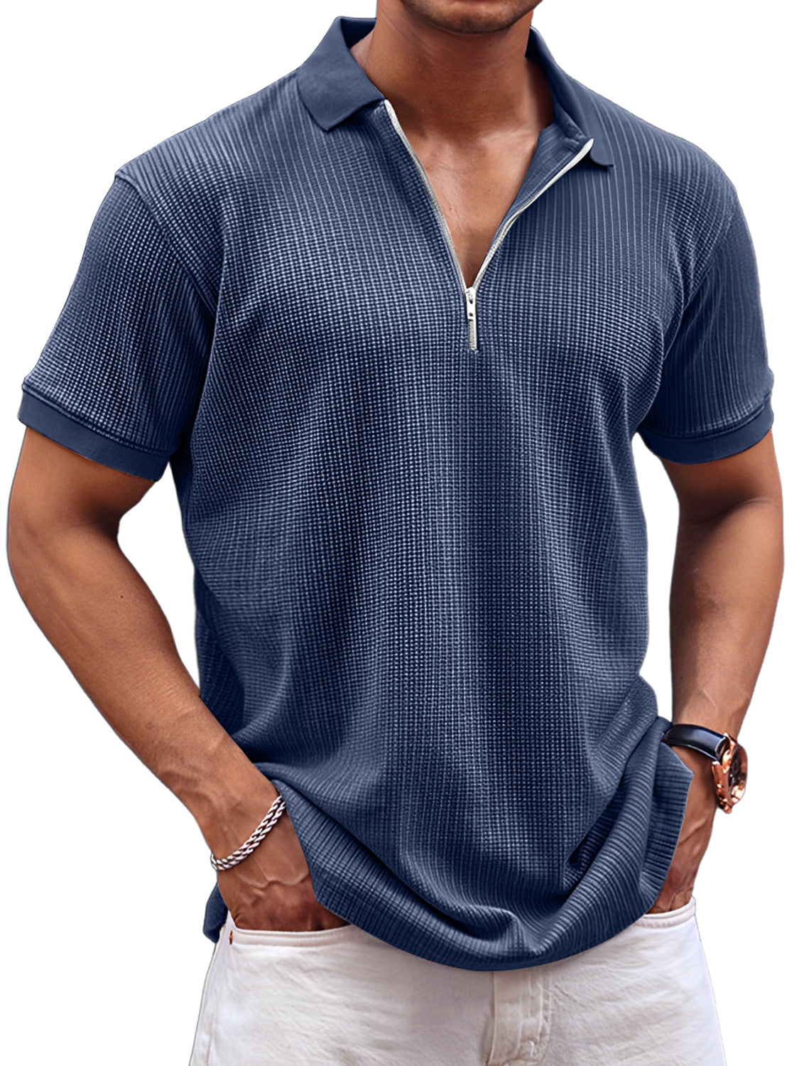 Men's Daily Waffle Casual Lapel Zipper Comfort Short Sleeve POLO Shirt