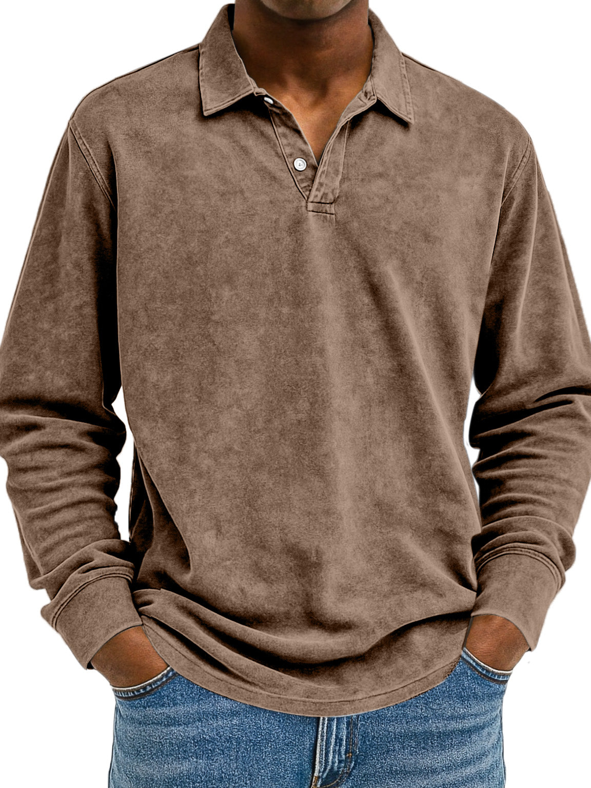 Men's Retro Solid Color Comfortable Loose Long Sleeve Polo Shirt