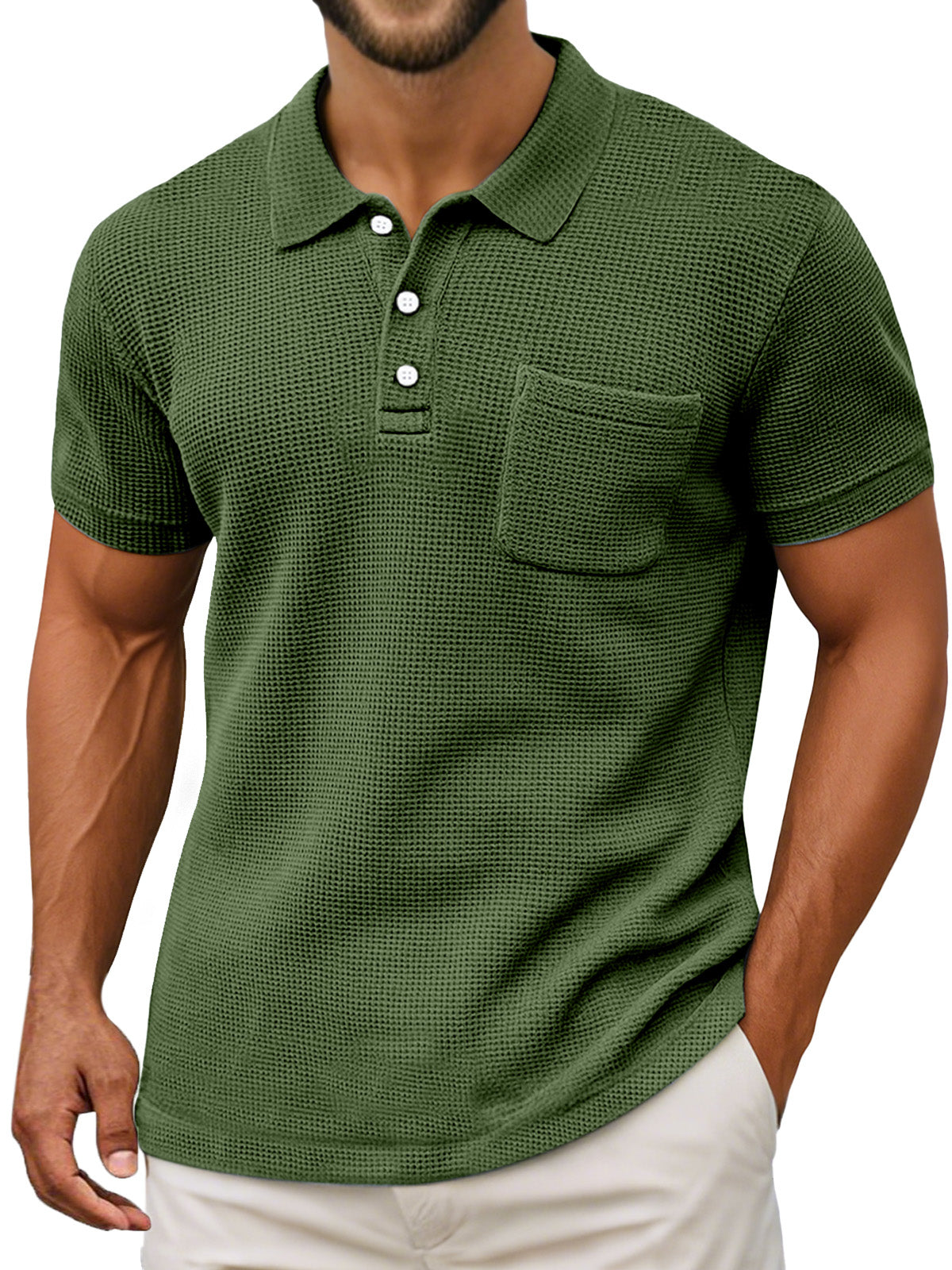 Men's Casual Vintage Waffle Pocket Lapel Button Down Short Sleeve Polo Shirt