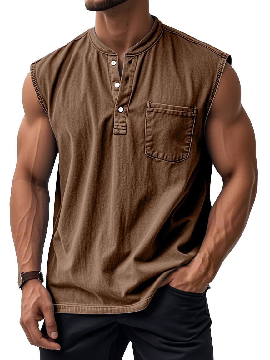 Men's Retro Solid Color Simple Sleeveless Henley Shirt