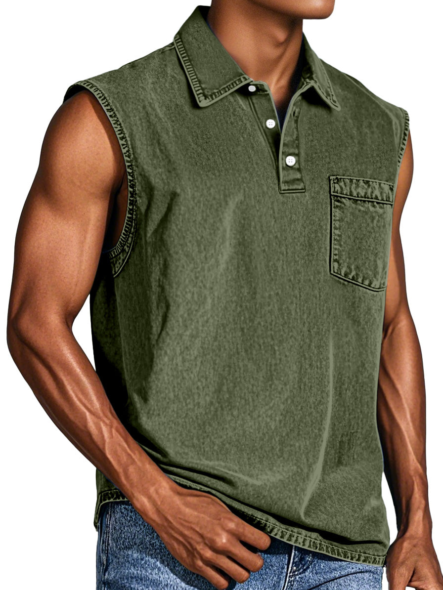 Men's Retro Casual Pocket Button Sleeveless Lapel POLO Shirt