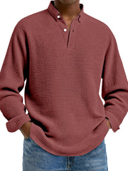 Men's Simple Solid Color Waffle Lapel Long Sleeve Polo Shirt