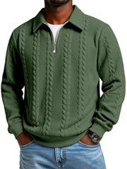 Men's Casual Solid Color Twist Texture Loose Long-sleeved Lapel Zipper Polo Shirt