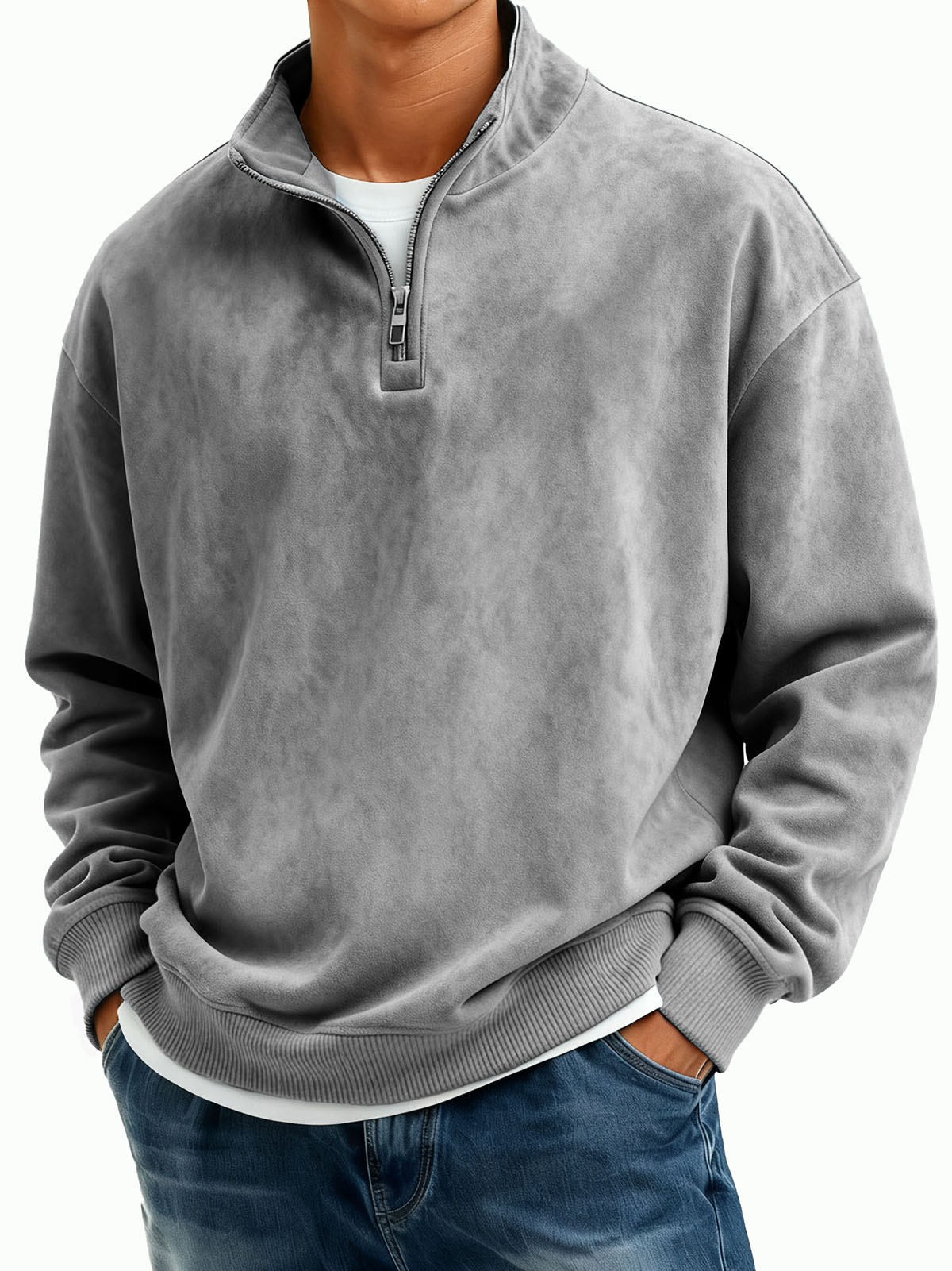 Men's Casual Suede Fabric Stand-neck Half-zipper Long-sleeved Hoodie