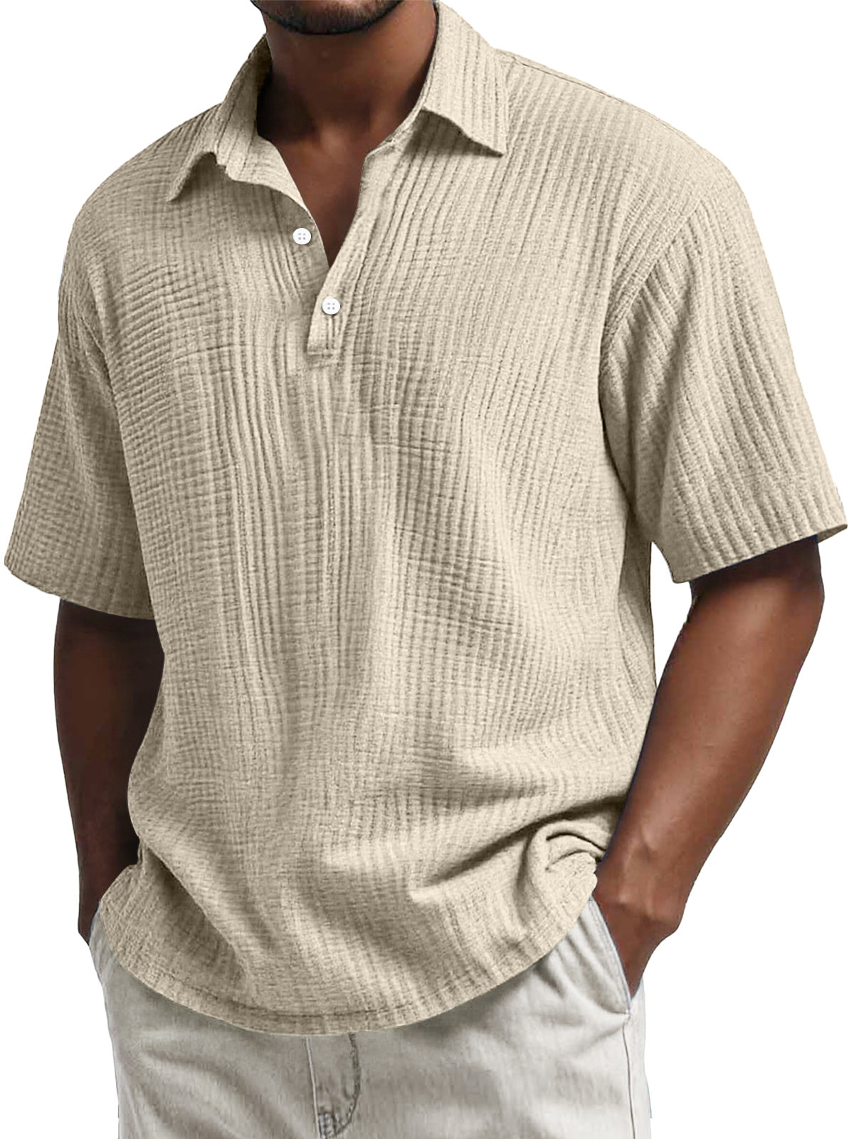 Men's Daily Pleated Texture Lapel Button Casual Short Sleeve POLO Shirt