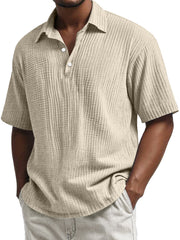 Men's Daily Pleated Texture Lapel Button Casual Short Sleeve POLO Shirt