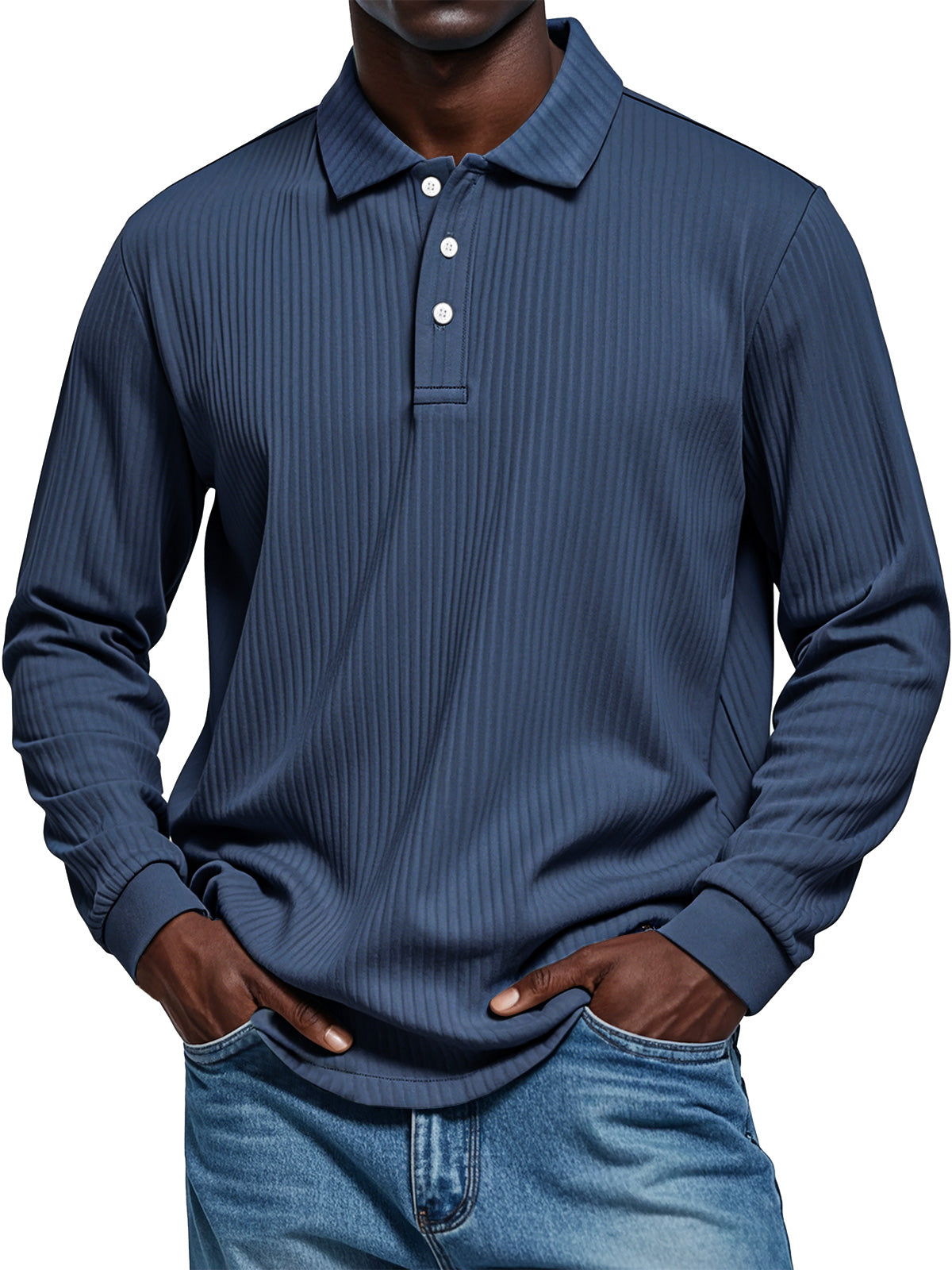Men's Pit Texture Casual Button Solid Color Long-sleeved Polo Shirt