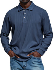 Men's Pit Texture Casual Button Solid Color Long-sleeved Polo Shirt