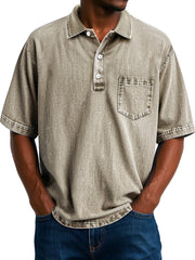 Men's Vintage 100% Cotton Washed Distressed Lapel Pocket Casual Short Sleeve POLO Shirt