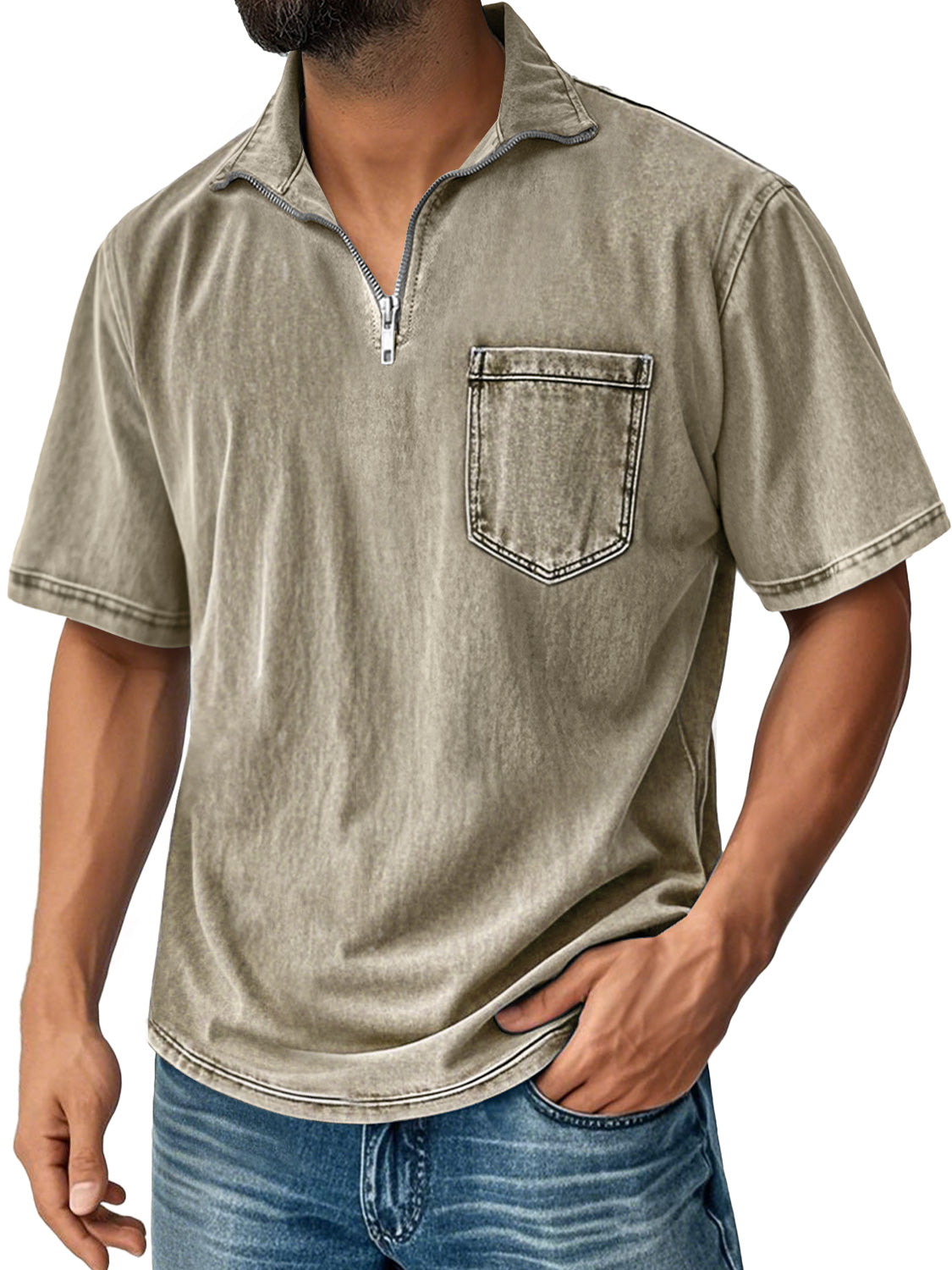 Men's Retro Stand Collar Zipper Casual Pocket Comfortable Short Sleeve T-shirt