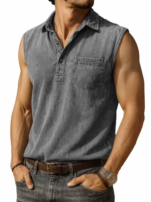 Men's Fashion Retro Distressed Pocket Lapel Sleeveless Polo Shirt 