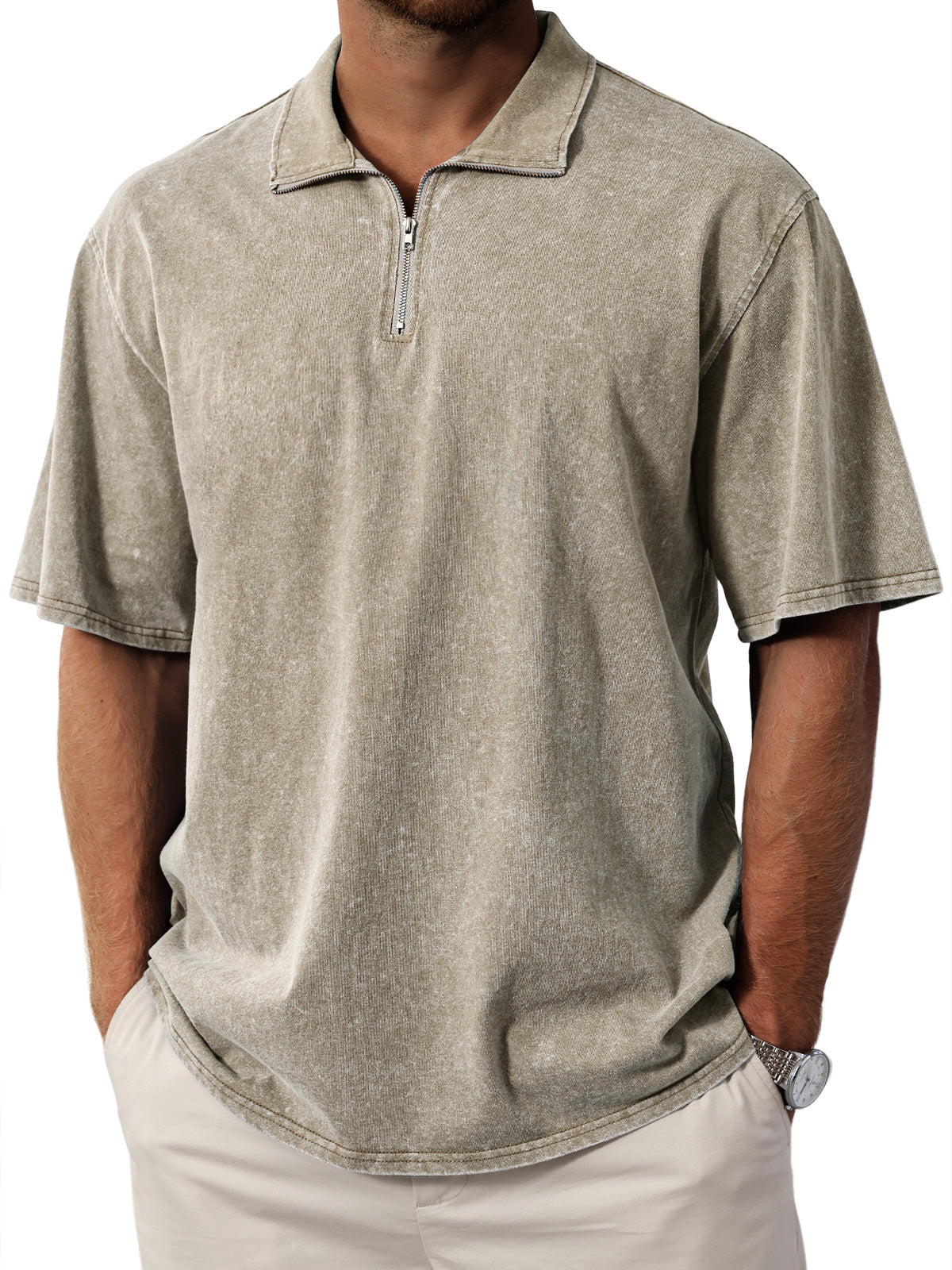 Men's Retro  Stand Collar Zipper Solid Color Short Sleeve T-Shirt