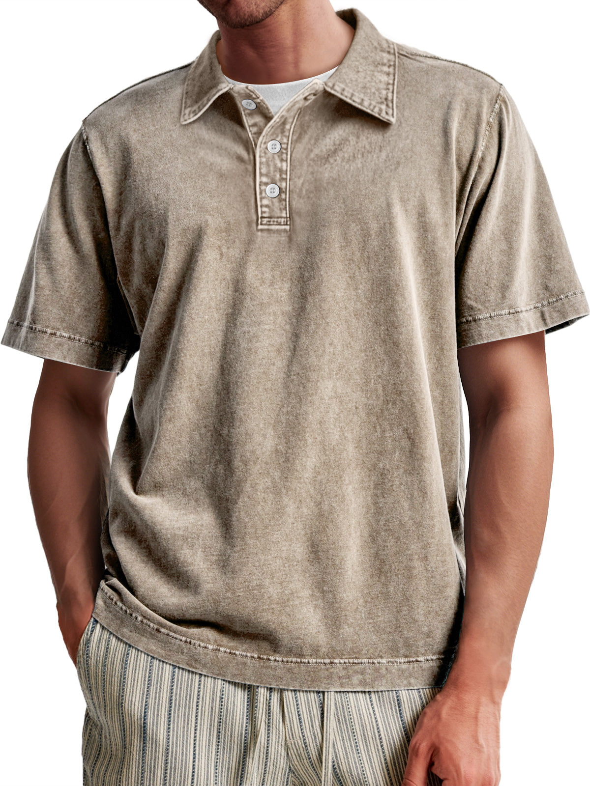 Men's Vintage Washed 100% Cotton Casual Lapel Button Short Sleeve POLO Shirt