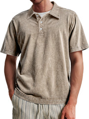 Men's Vintage Washed 100% Cotton Casual Lapel Button Short Sleeve POLO Shirt