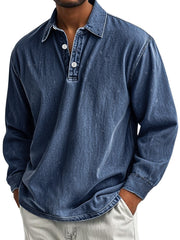 Men's Retro Casual Lapel Button Down Distressed Long Sleeve Polo Shirt
