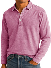 Men's Stylish Vintage Washed And Distressed Lapel Long-sleeved Polo Shirt 