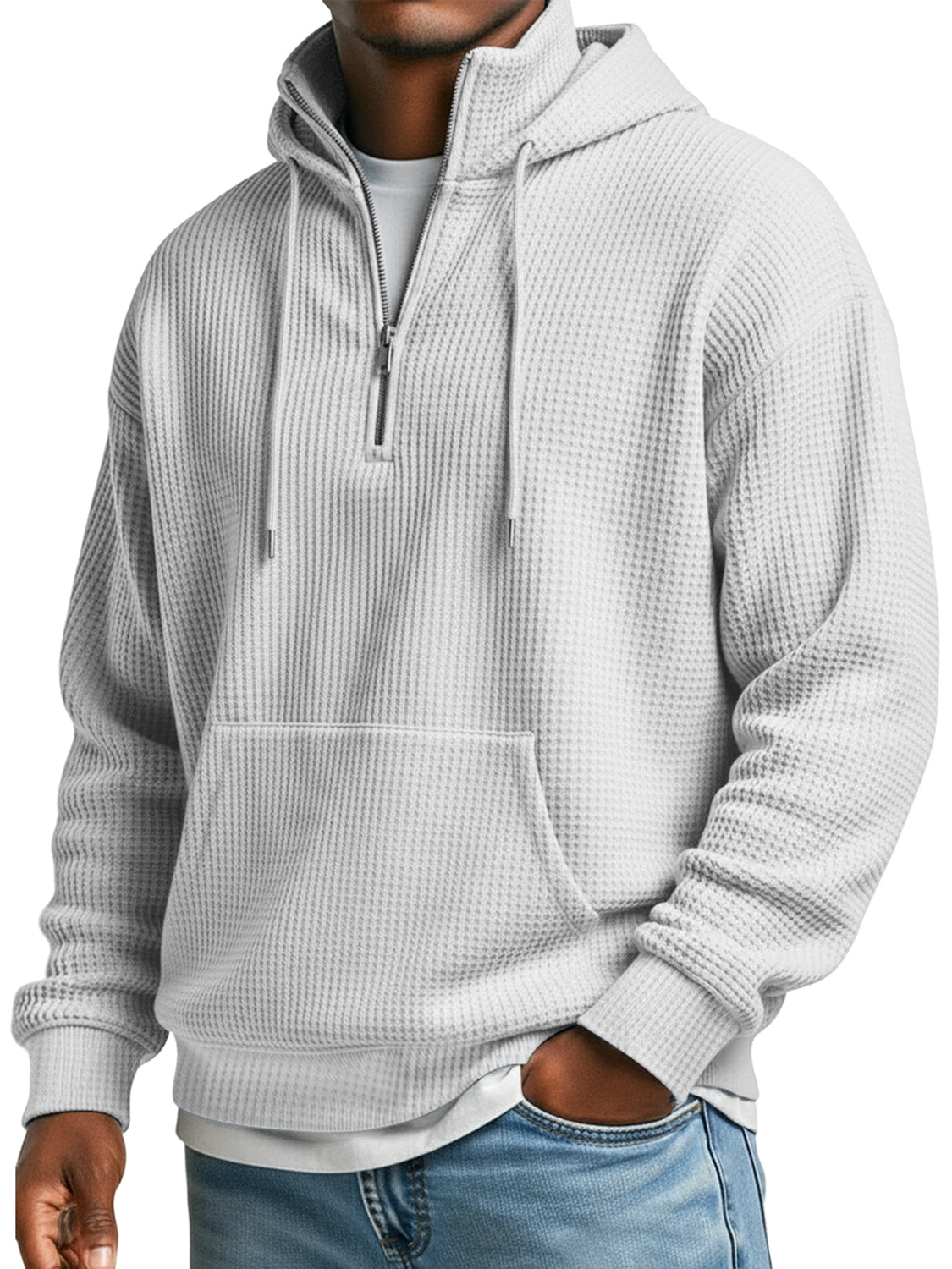 Men's Waffle Collar Zipper Casual Loose Hooded Sweatshirt