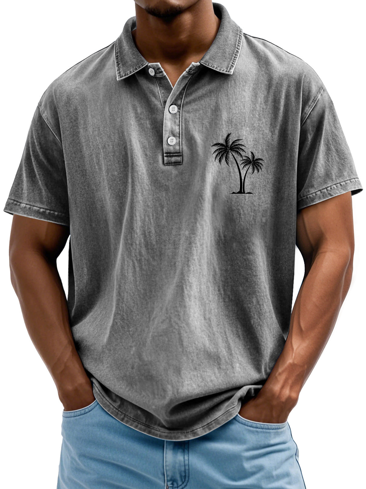 Men's Retro Lapel Coconut Tree Printed Casual Short Sleeve POLO Shirt