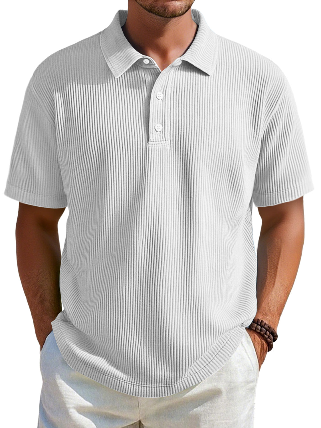 Men's Daily Ribbed Lapel Button Casual Solid Color Short-sleeved Polo Shirt