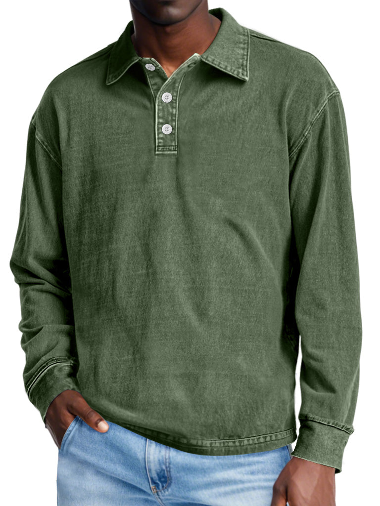 Men's Retro Distressed Lapel Button Casual Solid Color POLO Shirt